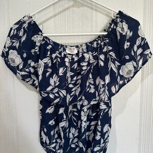 Sienna Sky floral Navy Blue and White off the shoulder top Size XS